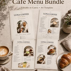 May include: A 4-page café menu bundle template featuring the text Luna Coffee. Each page displays a beige background with arched photo frames containing images of coffee, pastries, and brunch items. The layout includes sections for drinks, tea, matcha, and food, with editable text fields and a Canva logo.