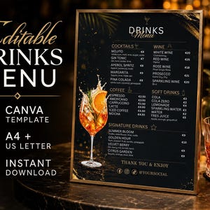 May include: An editable drinks menu template in A4 and US Letter sizes featuring a black background with gold accents. The menu lists various cocktails, wines, coffees, and soft drinks, accompanied by an illustration of a cocktail with an orange slice.