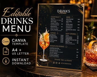 Editable Cocktail Bar Menu Canva Template, Luxury Drinks Price List, Bar Menu Printable, A4 US Letter, Instant Download