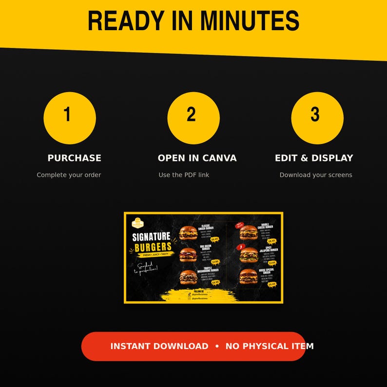 Burgermenu-sjabloon, digitaal menubord met 4 schermen, bewerkbaar Canva ...
