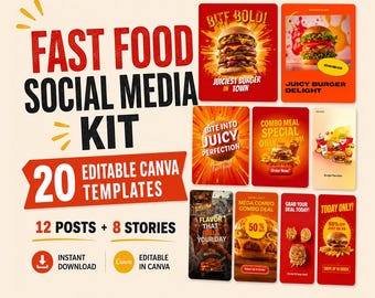 Fast Food Social Media Templates: 20 Editable Canva Instagram Posts and Stories for Burger Restaurants and Fast Food Restaurants