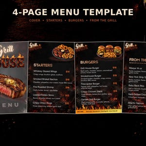 Può includere: Un modello di menu di 4 pagine intitolato Grill House su sfondo scuro con accenti di fuoco. Il layout include sezioni per antipasti, hamburger e grigliate, con fotografie di bistecche, hamburger e stuzzichini accompagnate dai relativi prezzi.
