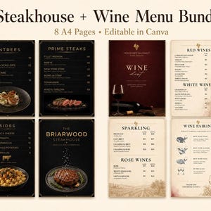 May include: A digital bundle of eight A4 menu templates titled Steakhouse + Wine Menu Bundle, featuring black and cream layouts with gold text, food photography, wine lists, and wine pairing guides, all fully editable in the Canva design platform.