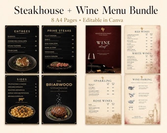 Steakhouse Menu and Wine List Bundle, Editable Canva Restaurant Menu Template, Fine Dining A4 Menu Set, Printable Wine Menu
