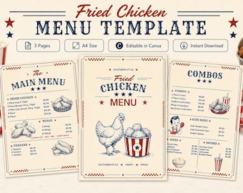 Editable Fried Chicken Menu Template, Canva Chicken Wings Menu, Southern Diner Menu, Takeout Food Truck A4