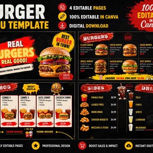 May include: A digital burger menu template featuring four editable pages with a black background, red brush strokes, and yellow text. The layout includes sections for burgers, combos, sides, and drinks, showcasing food photography and pricing.