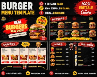 Burger Digital Menu Board Template, Editable Canva Fast Food Restaurant TV Screen Signage, 4 Page Instant Download, Food Truck Menu