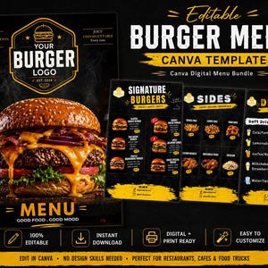 Puede incluir: Una plantilla digital de menú de hamburguesas con una hamburguesa grande y apetitosa en primer plano. El menú incluye secciones para hamburguesas, guarniciones y bebidas. El diseño es negro y amarillo, con el texto "Menú de hamburguesas editable".