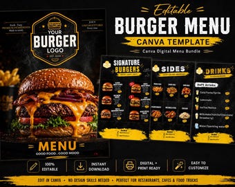 Printable Burger Menu Template, 4 Page Fast Food Menu, A4 US Letter, Canva Editable Food Truck Price List