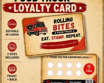 Food Truck Loyalty Card Template, Editable Canva Punch Card, Customer Rewards Card, Restaurant Stamp Card, Printable Business Card