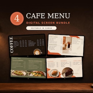Könnte beinhalten: Ein digitales Café-Menü-Paket mit vier Bildschirmen auf dunklem und hellem Hintergrund. Der Text lautet CAFE MENU DIGITAL SCREEN BUNDLE und listet Kaffee, Eiskaffee, Toasts, Sandwiches, Gebäck und Desserts mit Preisen auf.