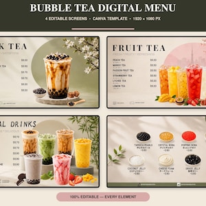 Peut inclure: Un modèle de menu numérique pour bubble tea comprenant quatre écrans avec des étiquettes pour le thé au lait, le thé aux fruits, les boissons spéciales et les garnitures. Le design inclut des images de thés colorés et d'ingrédients.