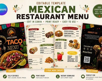 Editable Mexican Restaurant Menu Canva, Printable Taco Bar Food Menu, Mexican Food Truck Price List, Latin Restaurant Menu Download