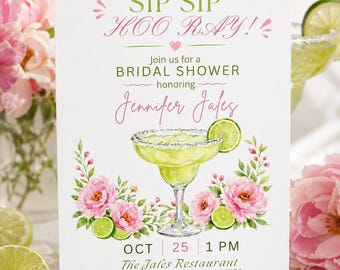 Margarita Bridal Shower Invitation, Pink Floral Sip Sip Hooray Template (Digital Download)