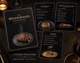 Steakhouse Menu Template, Editable Restaurant Menu in Canva, Luxury Fine Dining Menu, Printable A4 Steak Menu