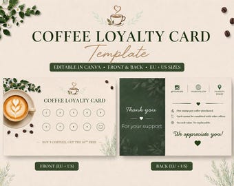 Coffee Loyalty Card Template, Editable Canva Cafe Punch Card, EU & US Sizes, Double-Sided