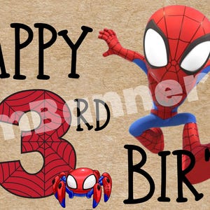 May include: A banner with a tan background featuring cartoon Spider-Man characters and the words "HAPPY 3RD BIRTHDAY" in black. Red spiderwebs and a red number 3 are also included in the design.