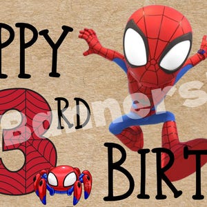 May include: A banner with a tan background featuring the text "HAPPY 3rd BIRTHDAY" and the name "WYATT". The banner includes illustrations of Spider-Man characters and spiderwebs in red, black, and blue.