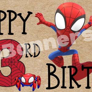 May include: A banner with a tan background featuring Spider-Man characters and the words "HAPPY 3RD BIRTHDAY" in black. The name "Carrie" is also displayed. Spider-Man and Spider-Gwen are shown in action poses, with a spider web design.