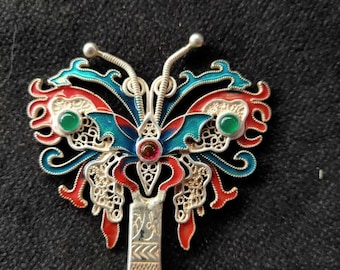 Exquisite Miao nationality silvering Hollow-Out Cloisonné Butterfly Hairpin