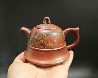 Vintage Hand Painted Landscape Yixing Zisha Teapot, Qing Cement Clay 280cc Chinese Calligraphy Gongfu Tea Collectible Clay Teaware