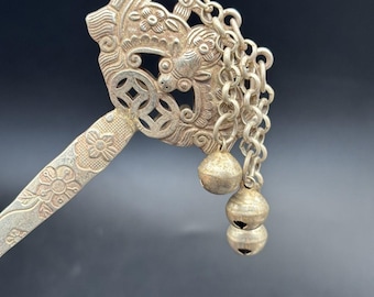 Exquisite Miao nationality silvering Plated Hairpin with “Blessing Before Eyes” Motif and Hanging Bells