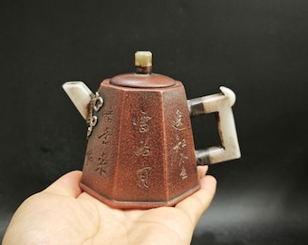 Handmade Red Clear Clay Taper Hexagonal Jade Inlaid Zisha Teapot 300cc, Plum Blossom Poem Carving Vintage Luxury Gongfu Tea Ware