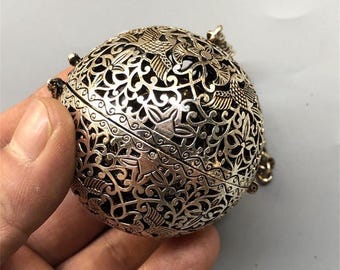Vintage Silver Plated Hanging Incense Ball, Hollow Filigree Mandarin Duck Rotating Censer, Portable Oriental Pendant Aroma Sphere Burner