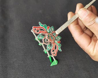 Exquisite Miao nationality silvering Hollow-Out Cloisonné Lotus & Green Leaf Hairpin