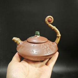 Handmade Old Purple Clay Lucky Twist Zisha Teapot 350cc, Bamboo Carving Calligraphy Yixing Tea Ceremony Collectible Kettle