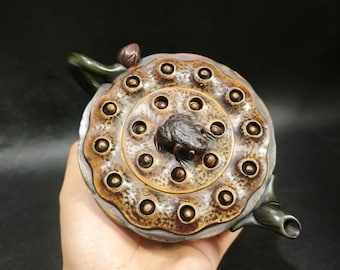 Handmade Green Clay Lotus Seed Frog Yixing Zisha Teapot, 400cc Vintage Chinese Lotus Sculpture Gongfu Tea Collectible Teaware
