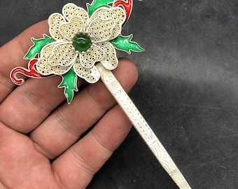 Exquisite Miao nationality silvering Cloisonné Intertwined Floral Hairpin