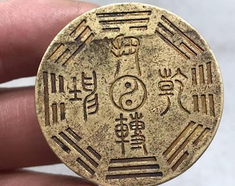Żółty Lima Miedziany Dwa Byki Bagua Yin Yang Obciążnik Papierowy Chiński Taiji Obrót Bogactwo Kaligrafia Waga Biurkowa Antyczny Orientalny Talizman Szczęścia
