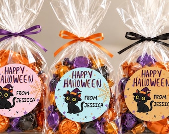 Personalized Round Black Cat Halloween Treat Stickers | Custom Name Favor Labels