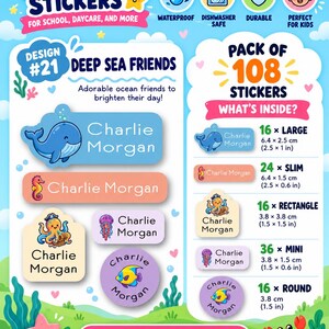 May include: A pack of 108 waterproof, dishwasher-safe, and durable kids name stickers featuring the Deep Sea Friends design. The set includes various shapes and sizes, such as large, slim, rectangle, mini, and round labels with ocean-themed graphics.