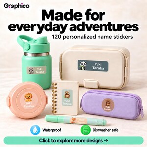 May include: A set of 120 personalised name stickers featuring animal illustrations applied to a mint water bottle, beige lunch box, round peach container, spiral notebook, purple pencil case, and a mint marker with the text Yuki Tanaka.