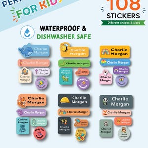 May include: A pack of 108 personalised stickers for kids in various shapes and sizes. The stickers are waterproof and dishwasher safe, featuring colourful illustrations of animals, robots, and tools alongside the name Charlie Morgan in black text.
