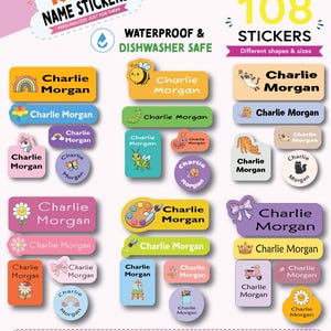 May include: A pack of 108 personalised name stickers in various shapes, sizes, and colours. The stickers feature illustrations like rainbows, animals, and flowers, with the text Charlie Morgan. They are labelled as waterproof and dishwasher safe.