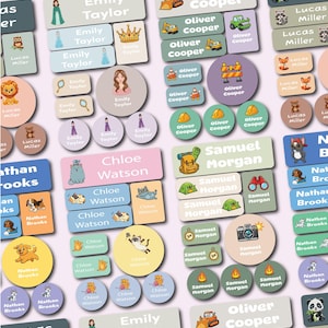 May include: A collection of assorted adhesive name labels in various shapes and sizes, featuring colourful illustrations of animals, vehicles, and nature. Each label displays a personalised name such as Emily Taylor, Oliver Cooper, or Nathan Brooks.