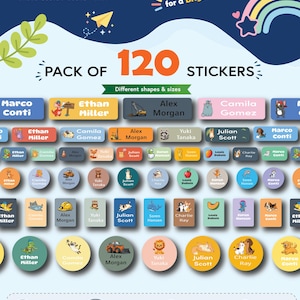 May include: A pack of 120 name label stickers by Graphico, featuring various rectangular and circular shapes with colourful illustrations of animals, vehicles, and food. The text includes names like Ethan Miller, Alex Morgan, and Camila Gomez.