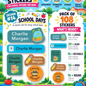 May include: A pack of 108 kids name stickers featuring school-themed graphics like backpacks, pencils, and buses. The set includes various shapes and sizes, with labels showing the name Charlie Morgan and dimensions in cm, labelled as waterproof and dishwasher safe.