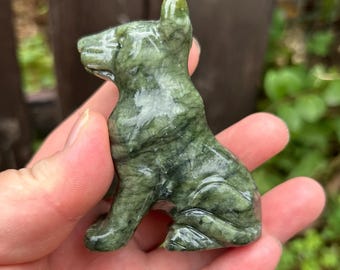 Natural Green Jade Dog Figurine Hand Carved Zodiac Dog Stone Sculpture Desk Decor