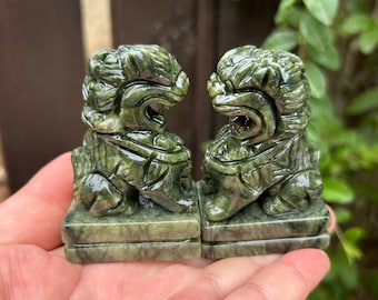 Natural Green Jade Guardian Lion Pair Hand Carved Stone Foo Dog Desk Decor Figurines