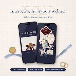 Puede incluir: Dos teléfonos inteligentes que muestran una plantilla de sitio web de invitación de boda digital. Las pantallas presentan fondos azul oscuro, sobres blancos con cintas rojas y sellos de cera dorados, detalles florales y texto.