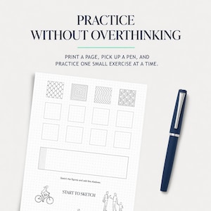 Puede incluir: Una hoja de práctica blanca con un patrón de puntos que incluye ejercicios de dibujo lineal en negro, patrones geométricos, cuadrados vacíos y un recuadro rectangular. El texto dice PRACTICE WITHOUT OVERTHINKING, PRINT A PAGE, PICK UP A PEN, AND PRACTICE ONE SMALL EXERCISE AT A TIME y START TO SKETCH. Un bolígrafo azul oscuro se encuentra a la derecha.