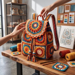 Puede incluir: Una mochila de ganchillo hecha a mano con un vibrante motivo de girasol en tonos azul, naranja, amarillo y crema. La bolsa cuenta con cierre de solapa con cordón, correas trenzadas y borlas decorativas, construida con paneles cuadrados.
