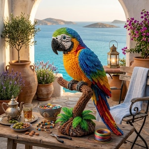 Può includere: Una scultura decorativa di ara realizzata con piccole perline colorate, appollaiata su un ramo di perline marroni. L'uccello presenta un piumaggio vivace blu, giallo, verde e rosso con un becco nero. È posizionato su un tavolo di legno con materiali.