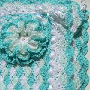 Crochet Shell Stitch Baby Blanket PATTERN 'Turquoise Sea Shell Blanket with Flower'. Easy crochet blanket tutorial pattern. Download PDF 42 image 2