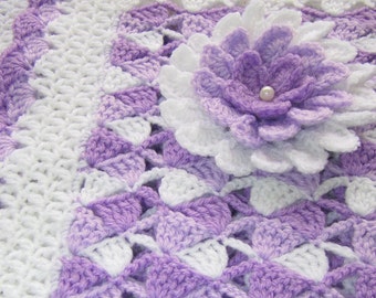 Crochet PATTERN Beautiful Lilac Baby Blanket with Flower. Easy crochet baby blanket tutorial pattern. Baby shower gift DIY. Download PDF #23