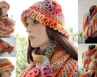 Crochet Hat, Scarf & Gloves Pattern Set: Autumn Colors (3 PDF) #58, 78, 135